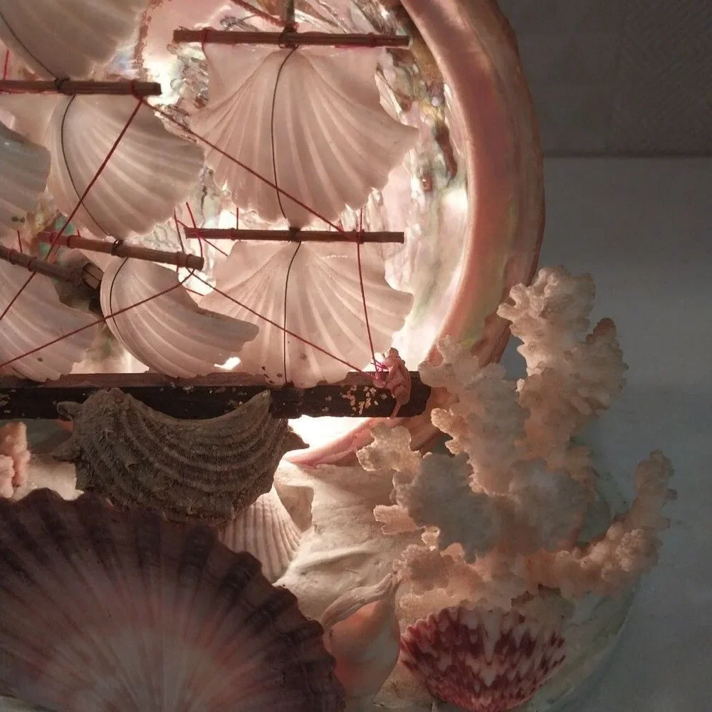 Vintage Abalone Shell Sailboat Lamp Handmade Nautical Coastal Coral Light Decor